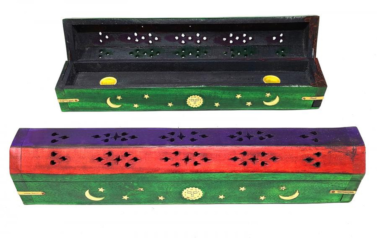 12" Color Wood Coffin Incense Burner - Multi Color - 2 pk.