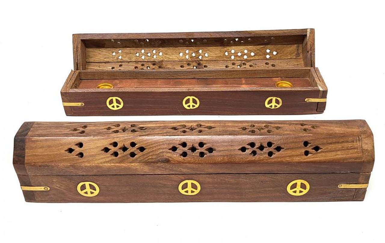 12" Wood Coffin Incense Burner with Inlay - Peace Sign - 2 pk.