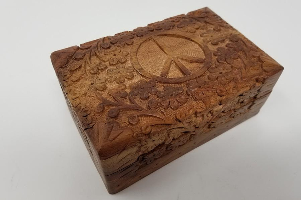 Peace Sign Fine Carved Wood Box 4" x 6"