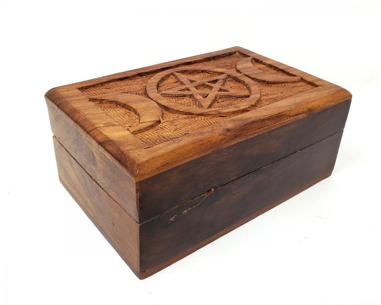 Triple Moon Pentagram Carved Wood Box 4" x 6"
