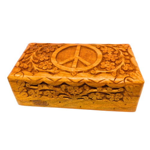 Peace Sign Carved Wood Box 6.5"