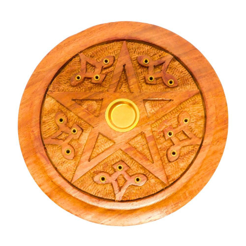5" Round Wood Pentacle Carved Stick/Cone Burner