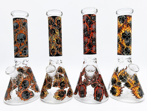10" Flaming Skull Decal Beaker Water Pipe - Assorted