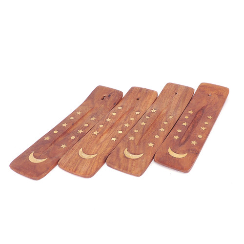 Star & Moon Mini Wood Canoe Incense Burner 5" - 12 Pack