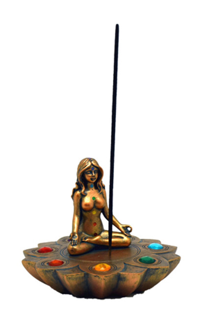 Bronze Colored Chakra Stone with Women Meditating Incense Burner