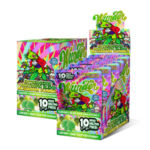 Wunder Mushroom Gummies 12,000mg Blend + 20mg THC-P - Sour Apple Flavor - 5 ct. Display