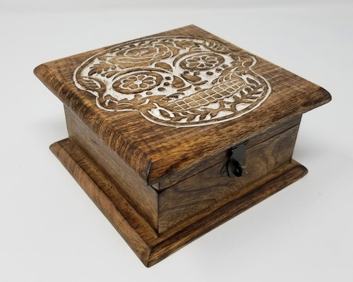 Skull Hand Carved Wood Box 6x6"