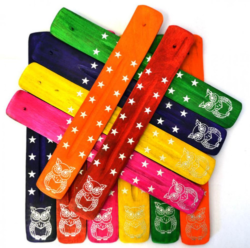 10" Color Wood Canoe Incense Burner - Owl - 12 ct.