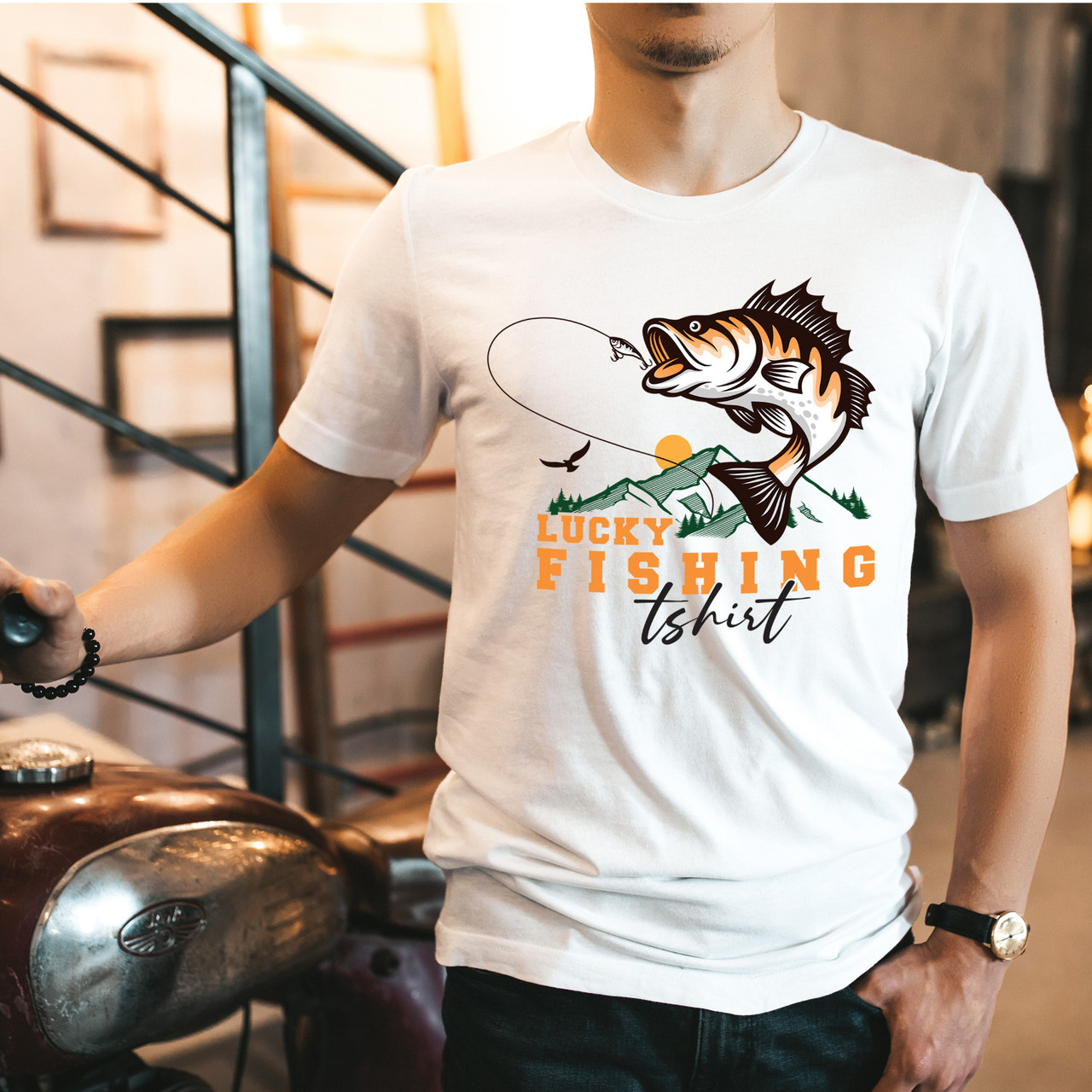 Lucky Fishing Lover Catching Fish Short Sleeve T-Shirt