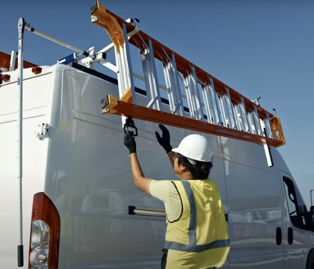 LadderProducts.com | Prime Design NextGen ErgoRack RR3-FT-72-M – Dual Side Drop-Down Ladder Rack with Middle Crossbar for Ford Transit (Mid/High Roof, All Wheelbases)