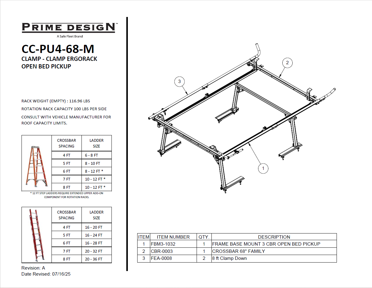 LadderProducts.com | Prime Design NEXT GEN ErgoRack Base Model Ladder Rack (BB-PU4-68-M) for 6-8 Ft Full Size Open Bed Pickups