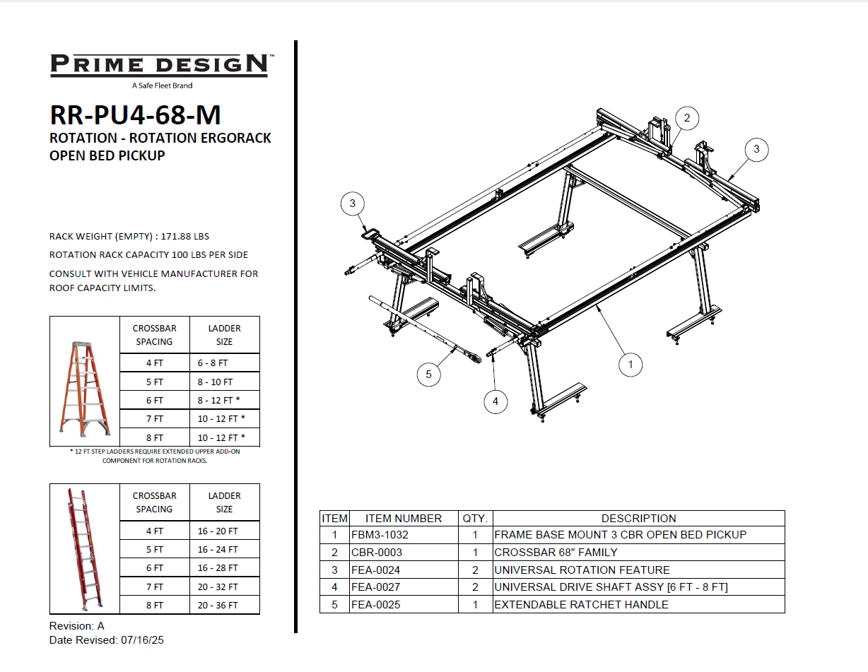 LadderProducts.com | Prime Design NEXT GEN ErgoRack Dual Drop-Down Ladder Rack (RR-PU4-68-M) for 6-8 Ft Full Size Open Bed Trucks