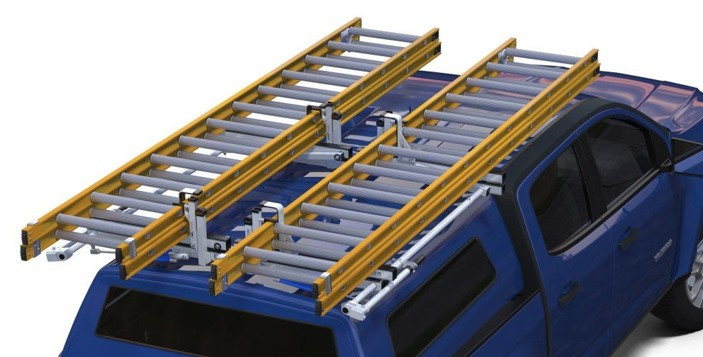 LadderProducts.com | Prime Design NEXT GEN ErgoRack Dual Drop-Down Ladder Rack (RR-PU3-62-M) for 6.5-8 Ft Full Size Truck Bed Cap