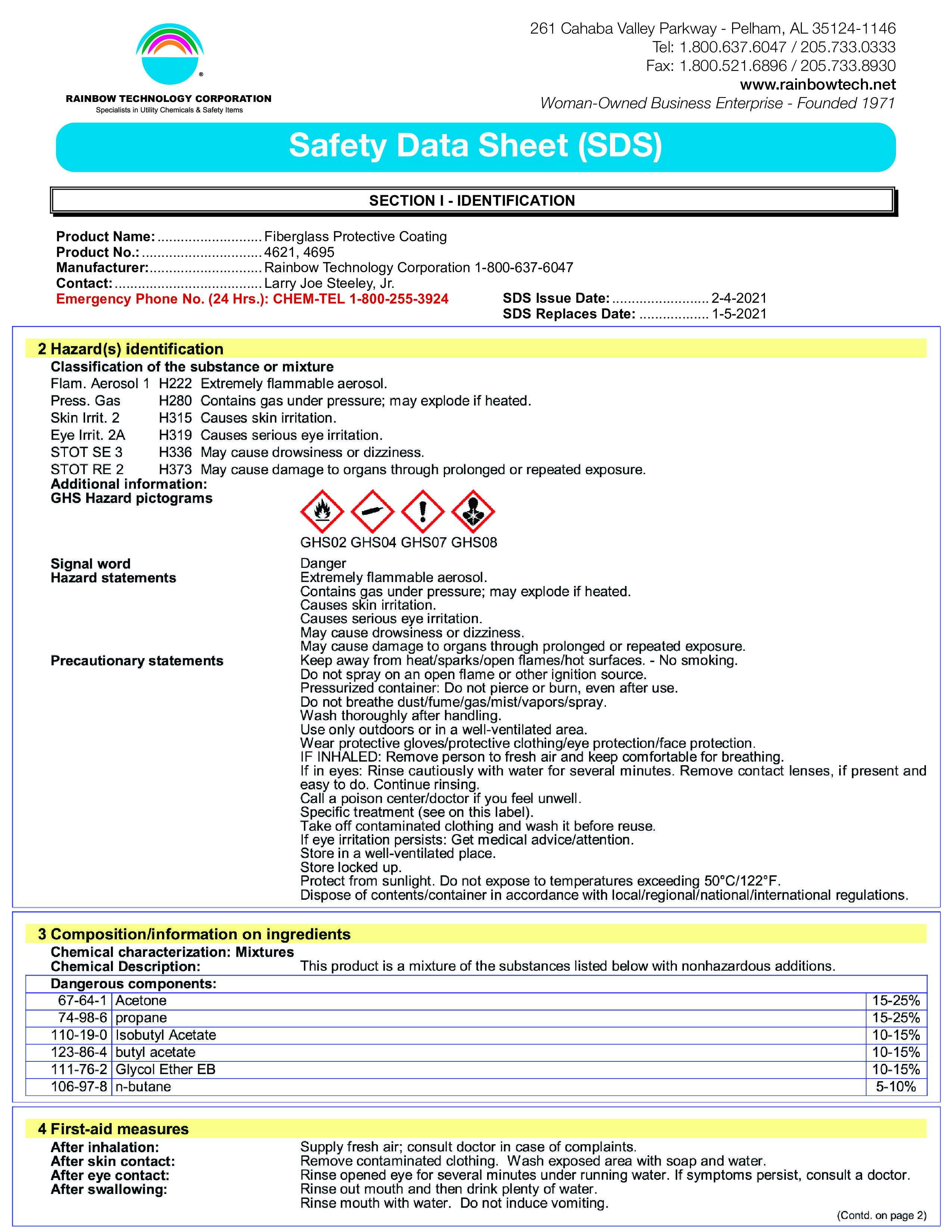Rainbow Fiberglass Protective Coating Spray Can 4621 (SDS) Ladder
