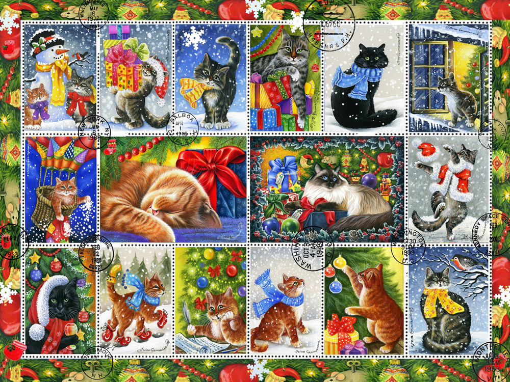 Christmas Cat Stamps Jigsaw Puzzle | 550 PC - Vermont Christmas