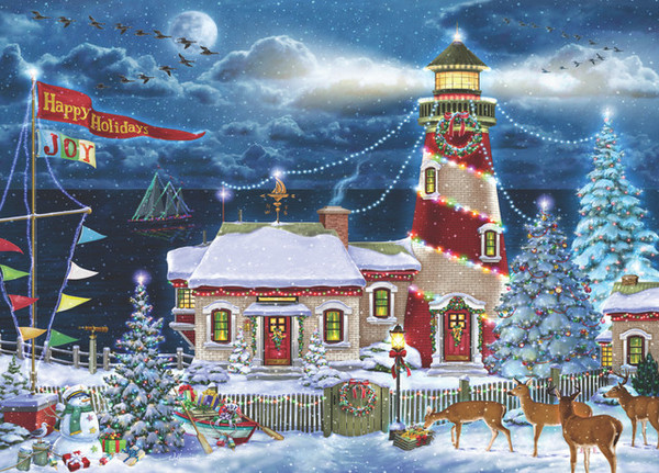 Box Lighthouse at Christmas Christmas Cards