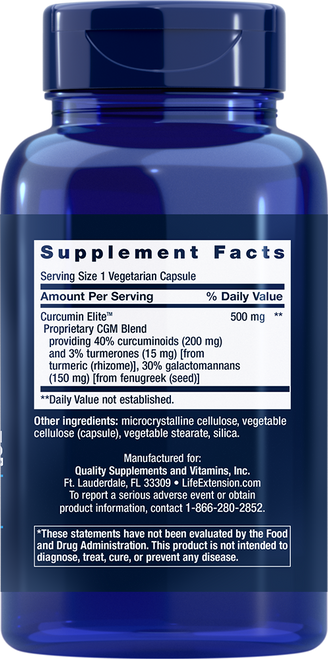 Supplement Facts
Serving Size 1 vegetarian capsule
Amount Per Serving
Curcumin Elite™ Proprietary CGM Blend
500 mg
providing 40% curcuminoids (200 mg) and 3% turmerones (15 mg) [from turmeric (rhizome)], 30% galactomannans (150 mg) [from fenugreek (seed)]


Other ingredients: microcrystalline cellulose, vegetable cellulose (capsule), vegetable stearate, silica.
Non-GMO