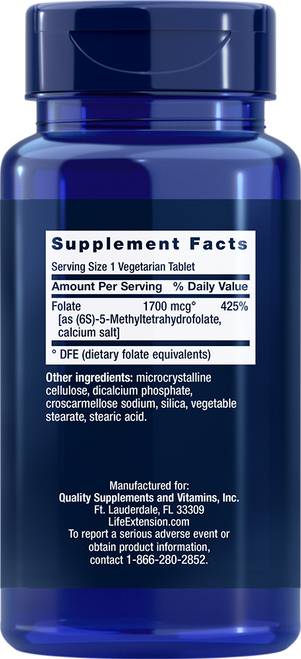 Supplement Facts
Serving Size 1 vegetarian tablet
Amount Per Serving
Folate [as (6S)-5-Methyltetrahydrofolate, calcium salt]
1,700 mcg°
Other ingredients: microcrystalline cellulose, dicalcium phosphate, croscarmellose sodium, silica, vegetable stearate, stearic acid.

° DFE (dietary folate equivalents)

Non-GMO