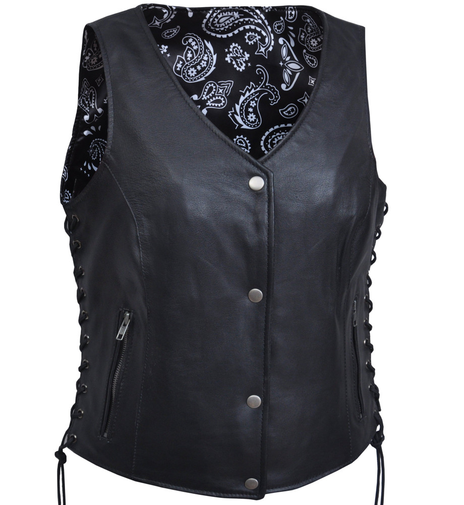 Leather Motorcycle Vest - Women's - Black Paisley Lining - Side Laces -  6890-00-UN