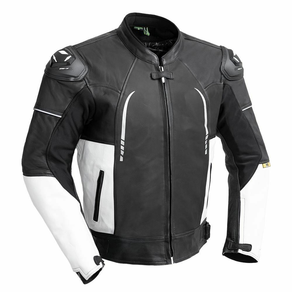 Men's PowerSports Leather Racing Jacket - White and Black - AT-1104-BW-FM