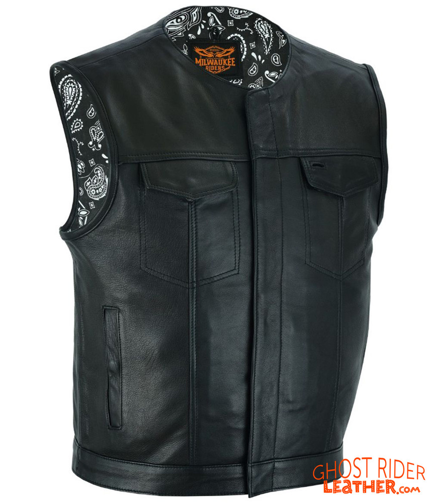 Leather Vest - Men's - Motorcycle Club - Black Paisley Lining - Up