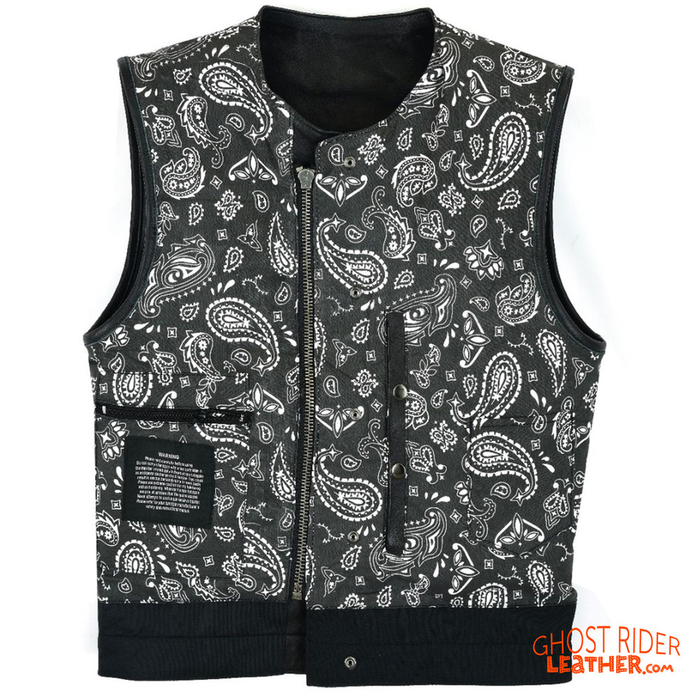 Leather Vest - Men's - Motorcycle Club - Black Paisley Lining - Up