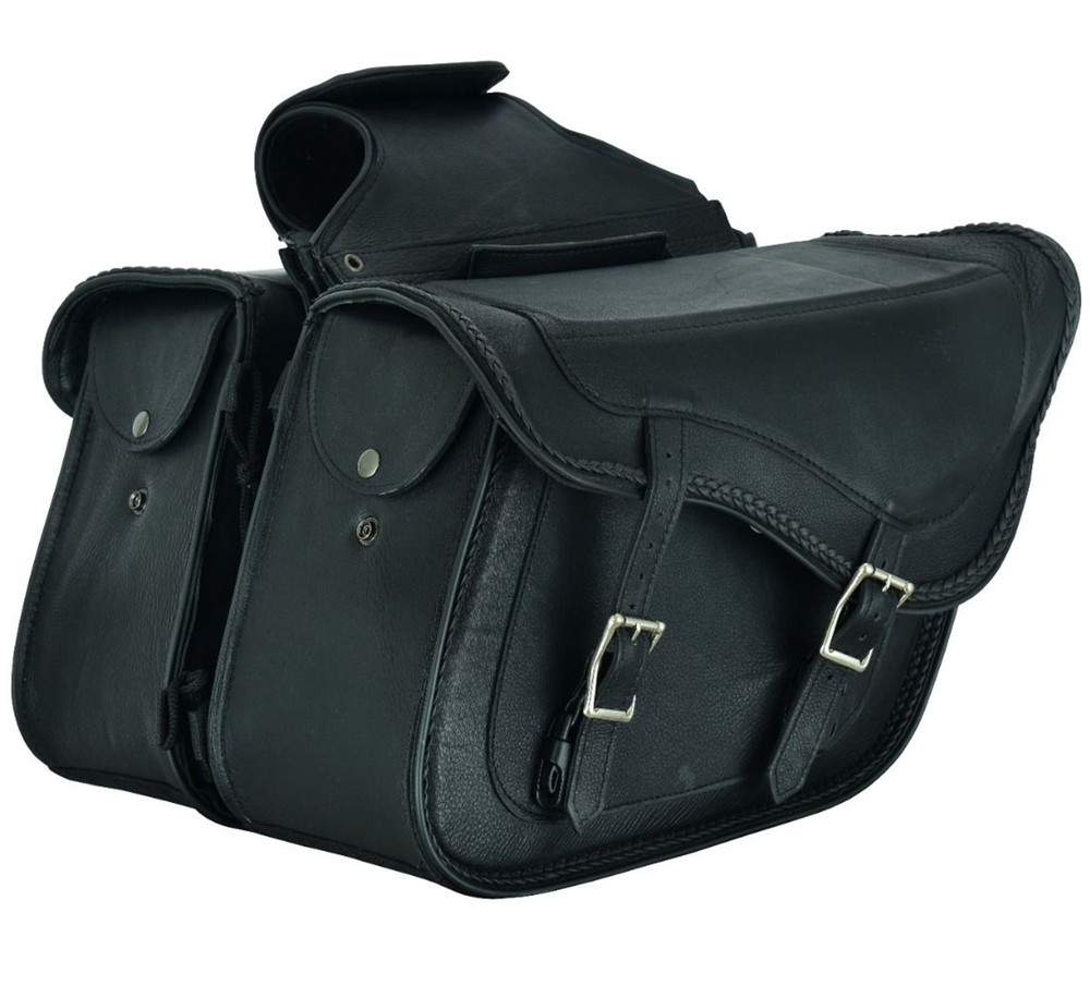 Black leather shop motorcycle saddlebags