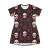 Skulls and Roses - Pink White on Black - T-Shirt Dress (AOP)