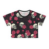 Skulls and Roses - Pink White on Black - Crop Tee (AOP)
