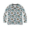 Aqua Daisies Pattern - Aqua and White on Black - Women's Long Sleeve V-neck Shirt - Tee