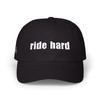 Dad Cap — "ride hard" Embroidered Baseball Hat - Motorcycle on Side - Color Choice