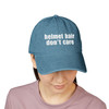 Embroidered Denim Hat - "helmet hair don't care" - Motorcycle on Back - Blue or Black - Biker Cap