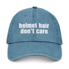 Embroidered Denim Hat - "helmet hair don't care" - Motorcycle on Back - Blue or Black - Biker Cap