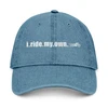 Embroidered Denim Hat - "i.ride.my.own." - Motorcycle in Motion - Blue or Black - Biker Cap