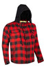 Motorcycle Flannel Shirt Jacket CE Armored Riding Shirt Aramid Reinforced Lining Quilted - Men's - Red Plaid - Up To Size 4XL - Hoodie - T-SHR11-H-DL