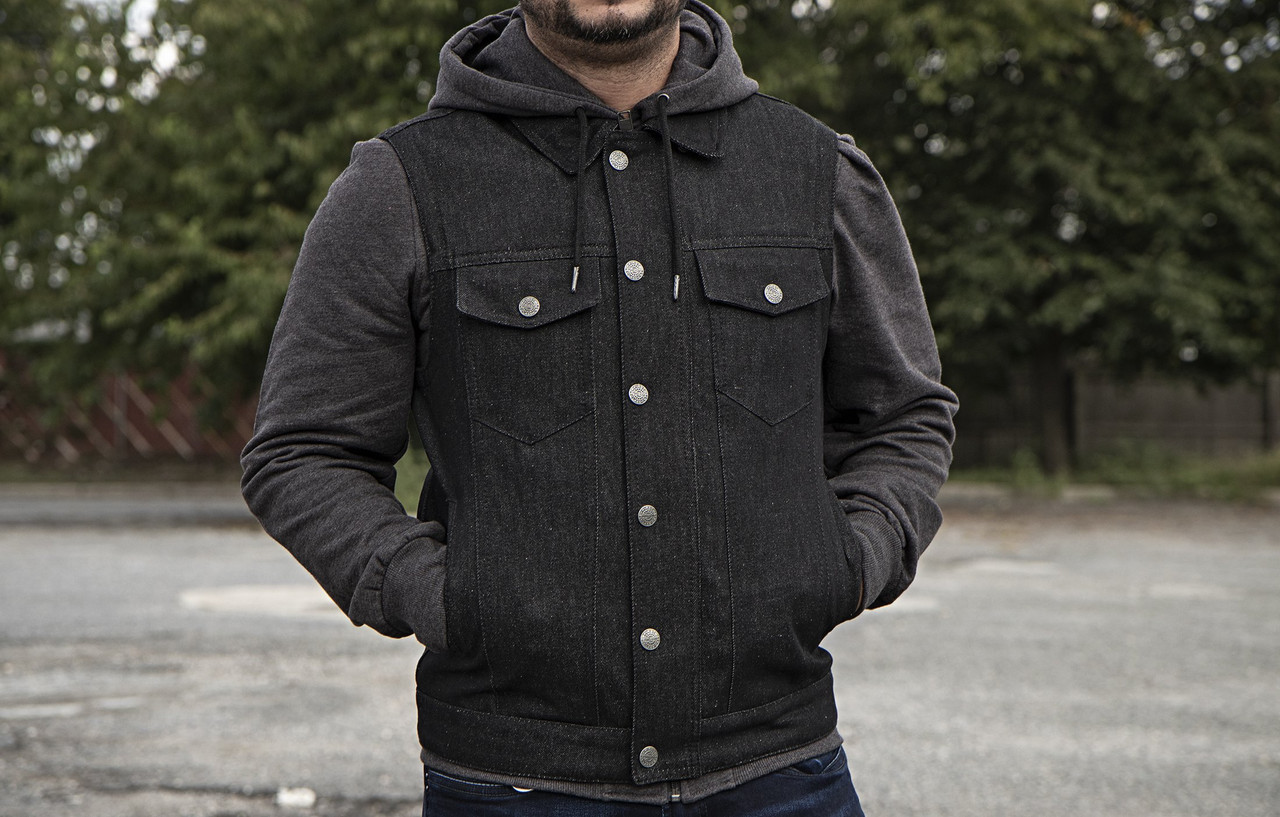 Men's Slim Fit Black Denim Jacket with Hood - GB182