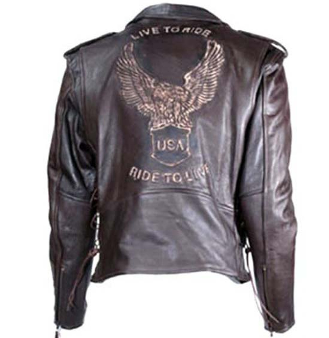 Embossed Eagle Distressed Brown Motorcycle Jacket with Side Laces and Live  To Ride - MJ703-02-DL