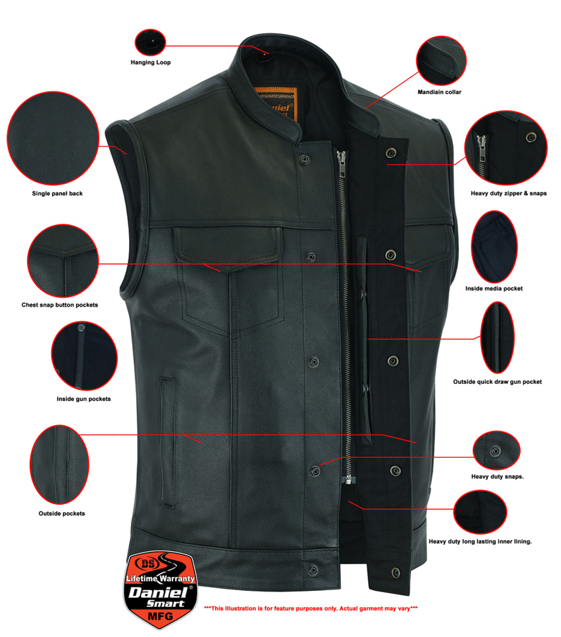 Leather Motorcycle Vest - Men's - Gun Pockets - Up To 12XL - Big and Tall -  DS189A-DS
