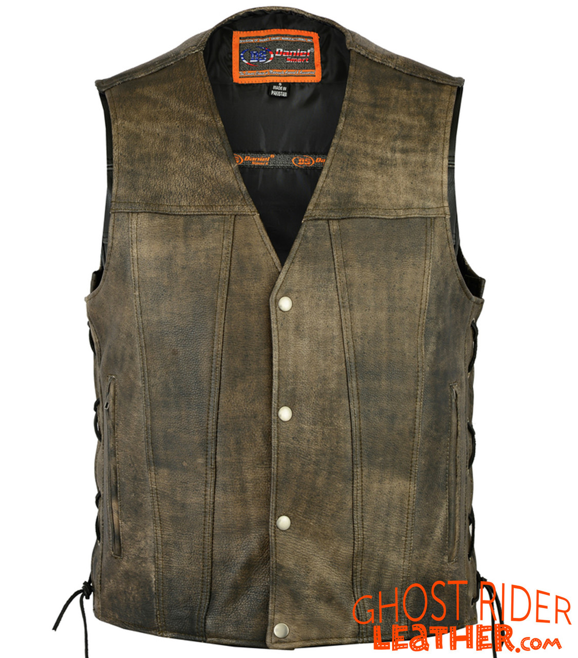 Leather Motorcycle Vest - Men's - Antique Brown - Up To Size 8XL