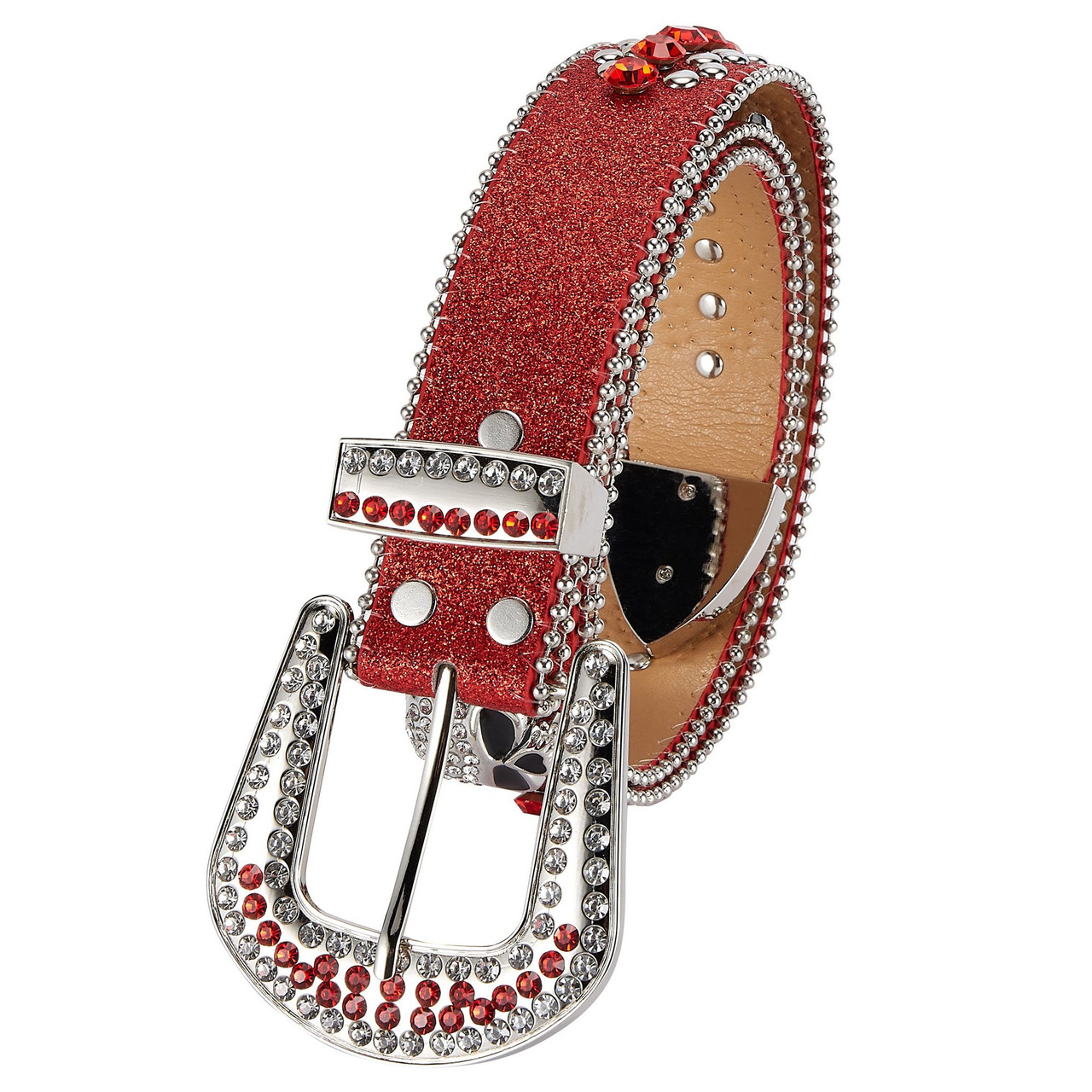 Unisex Rhinestone Bling Belt - Red and Silver - Skulls