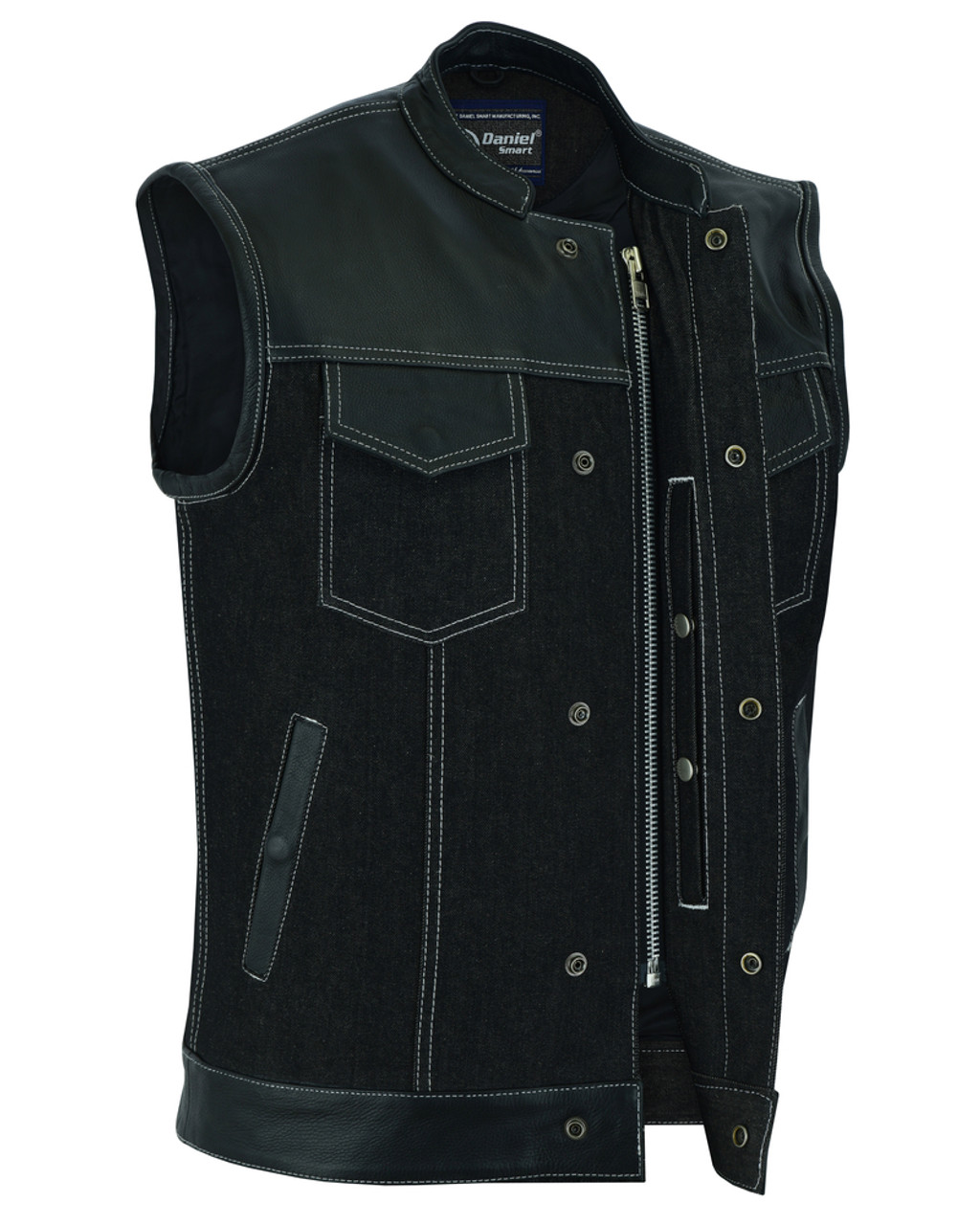 【新品タグ付】UND MANY MOTIF BUTTON VEST Denim and Leather Motorcycle Combo Vest - Men's - Upgraded