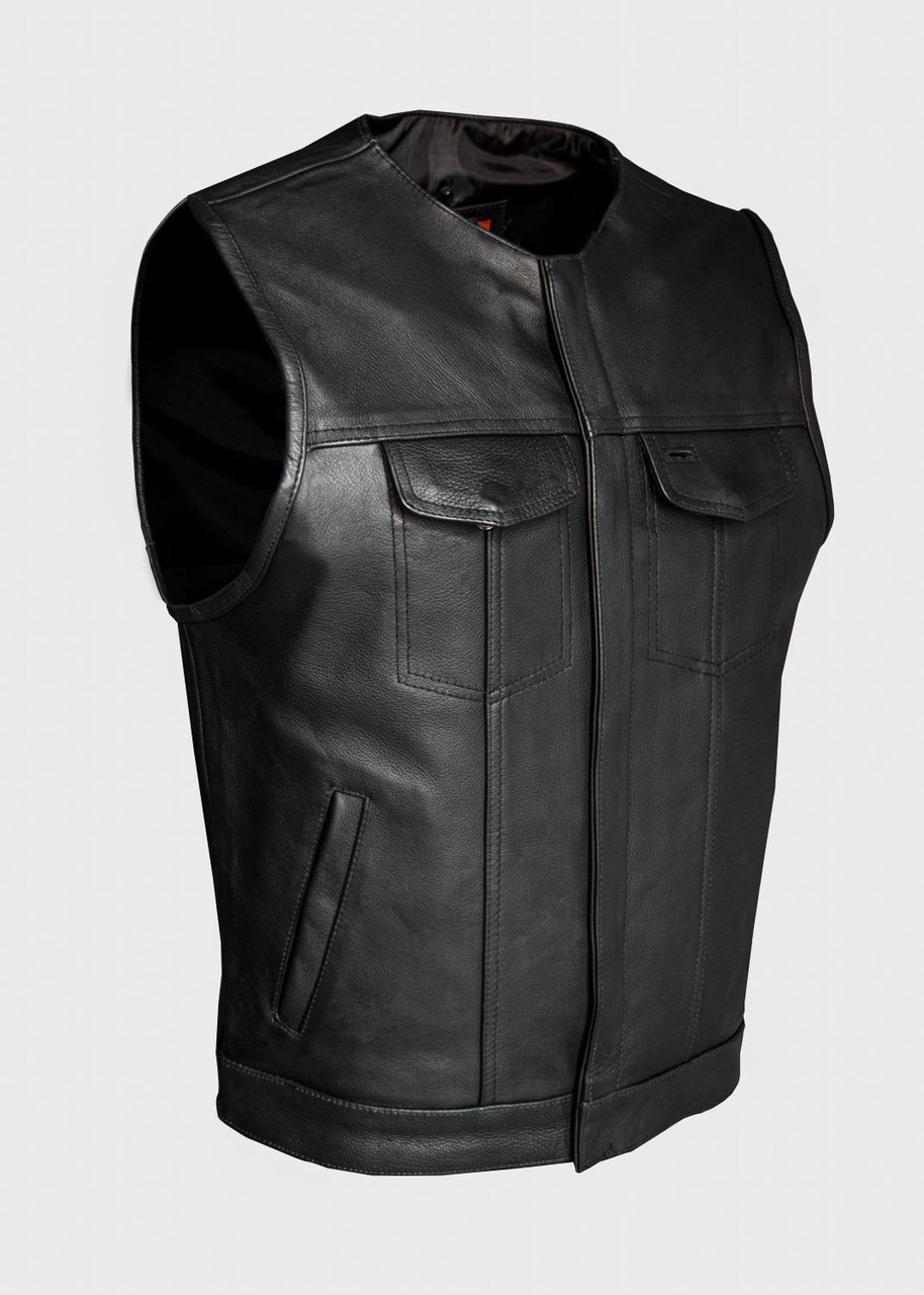 Leather Motorcycle Vest - Men's - Black - Pleated Club - MV8024-ZIP-11-DL