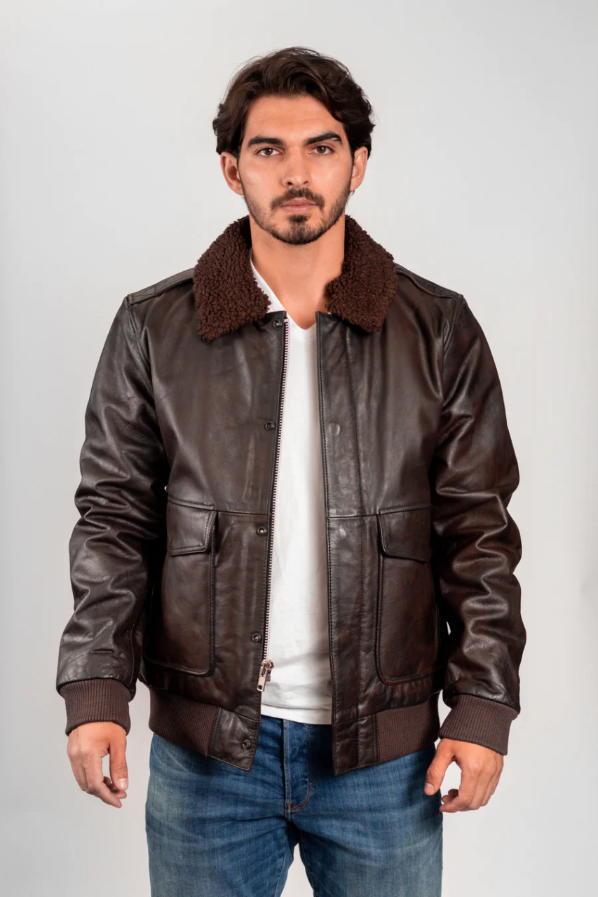 Leather Coat - Men's - Brown - Fashion Leather Jacket - Map Lining - Bomber  - WBM219BP-MAP-BRN-FM