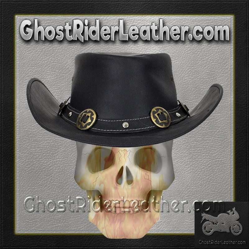 Black Leather Gambler Hat with Conchos 