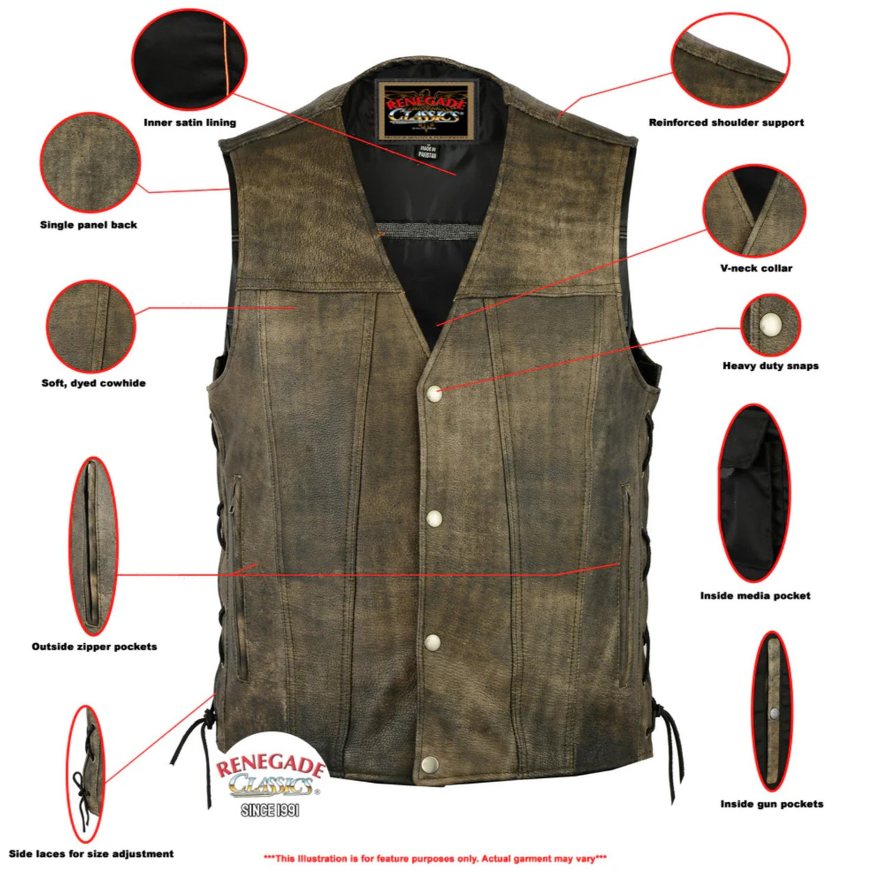 Leather Vest - Men's - Antique Brown - Up to Size 8XL - Antique