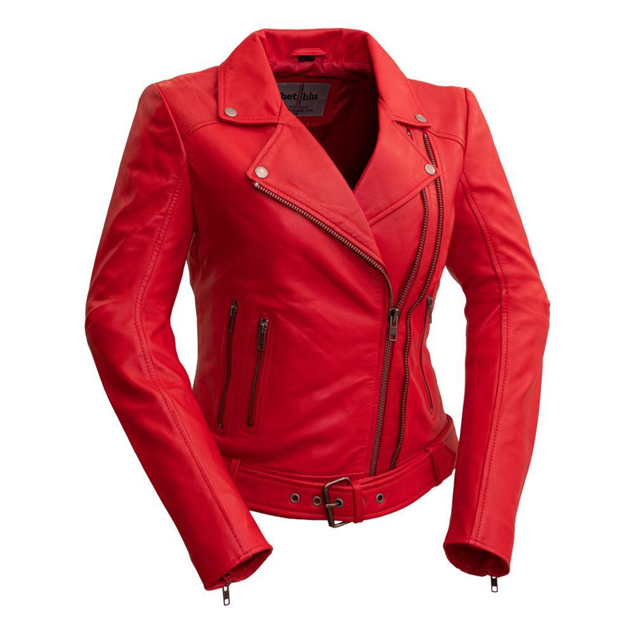 Womens Ruby Red Motorcycle Leather Jacket - Shopperfiesta