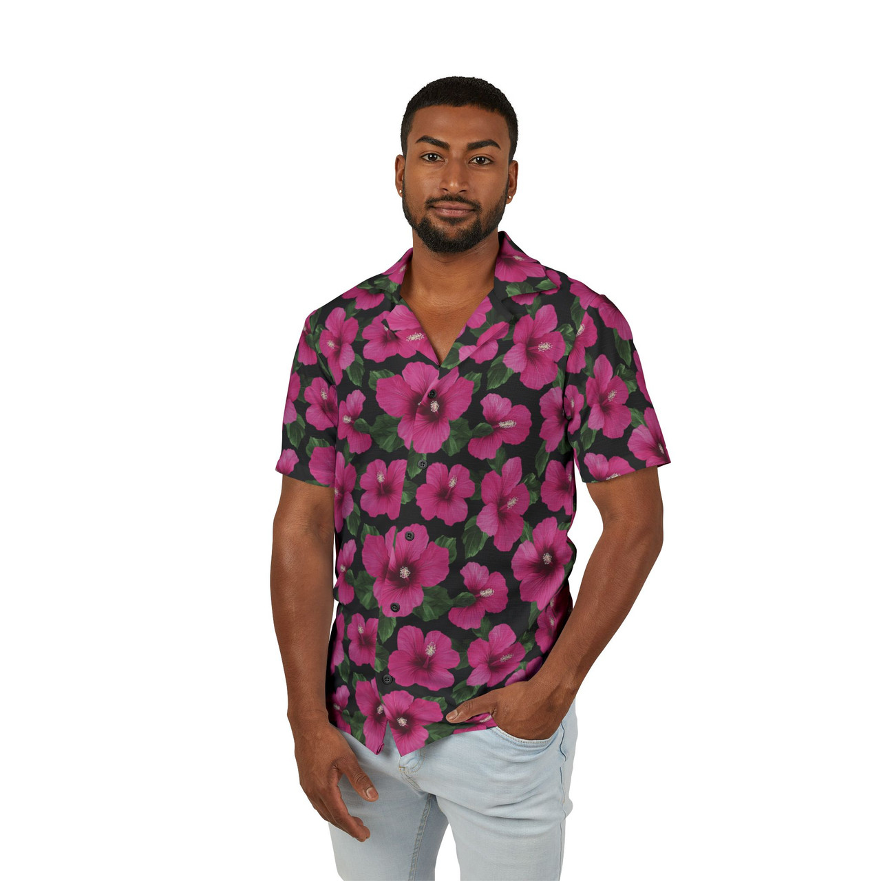 シャツ SAMPLES FLOWERPATTERN OPEN COLLAR SHIRTS Pink Hibiscus Hawaiian Camp Shirt - Men's Floral Pattern Beach or