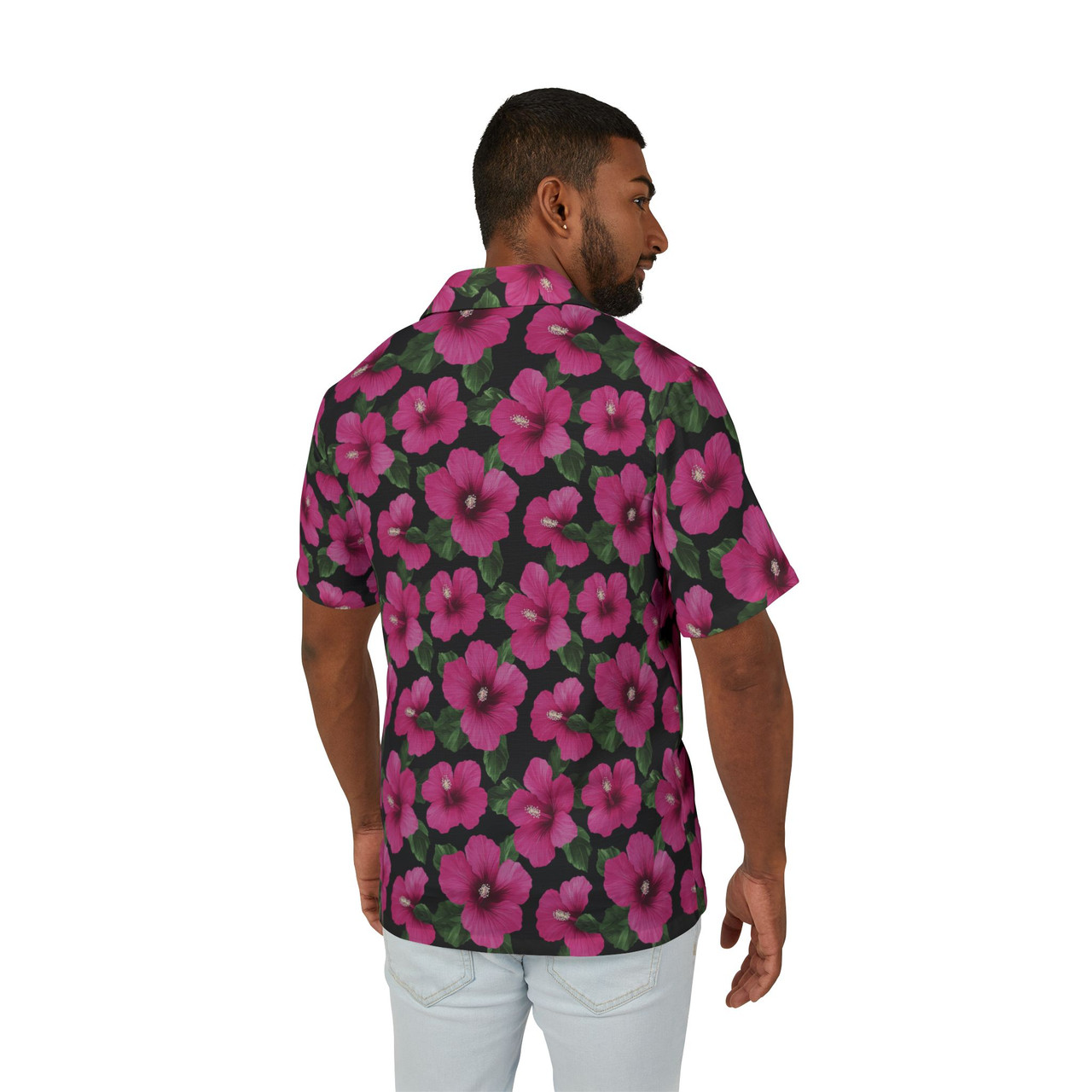 Pink Hibiscus Hawaiian Camp Shirt - Men's Floral Pattern Beach or