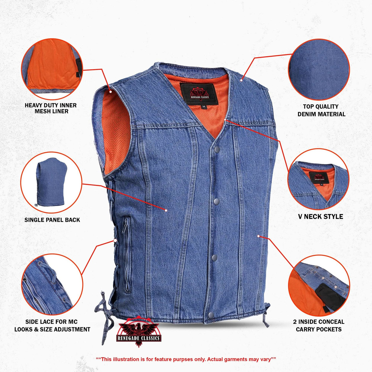 Blue Denim Motorcycle Vest - Men's - Up To 8XL - Seawaves - RM905BU-RC