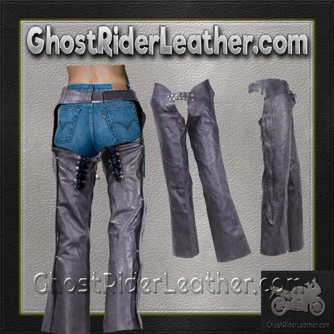 Ladies Low Rise Leather Chaps in Premium Naked Leather - SKU C1003-DL